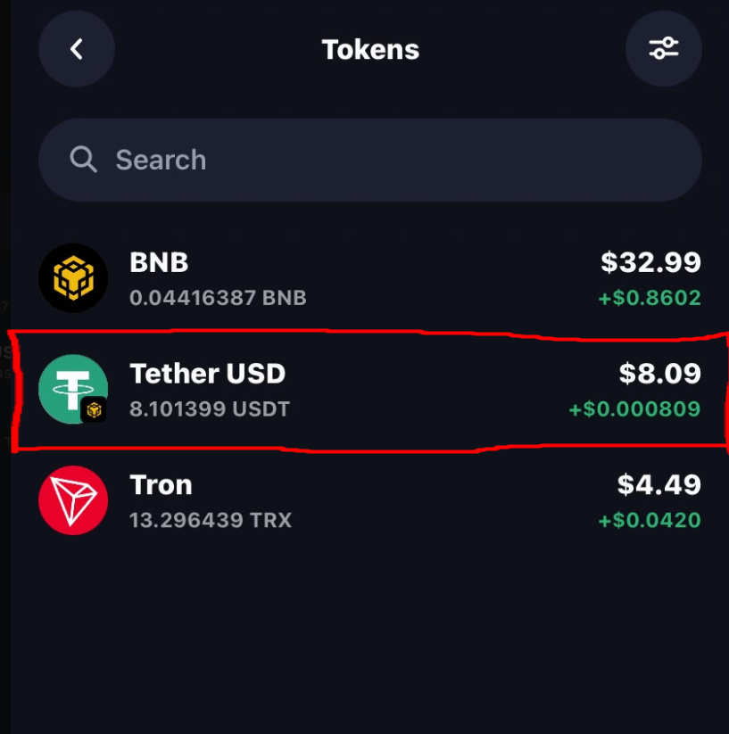 Example with USDT on BNB Smart Chain highlighted. The receive address starts with 0x.